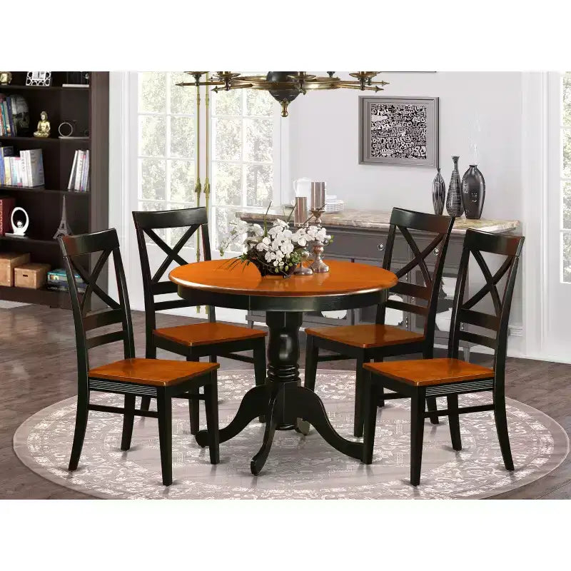 Table à manger ronde 5 pièces, plateau en bois massif finition noire, avec 4 chaises avec