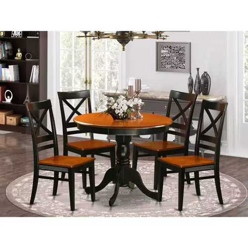 Table à manger ronde 5 pièces, plateau en bois massif finition noire, avec 4 chaises avec