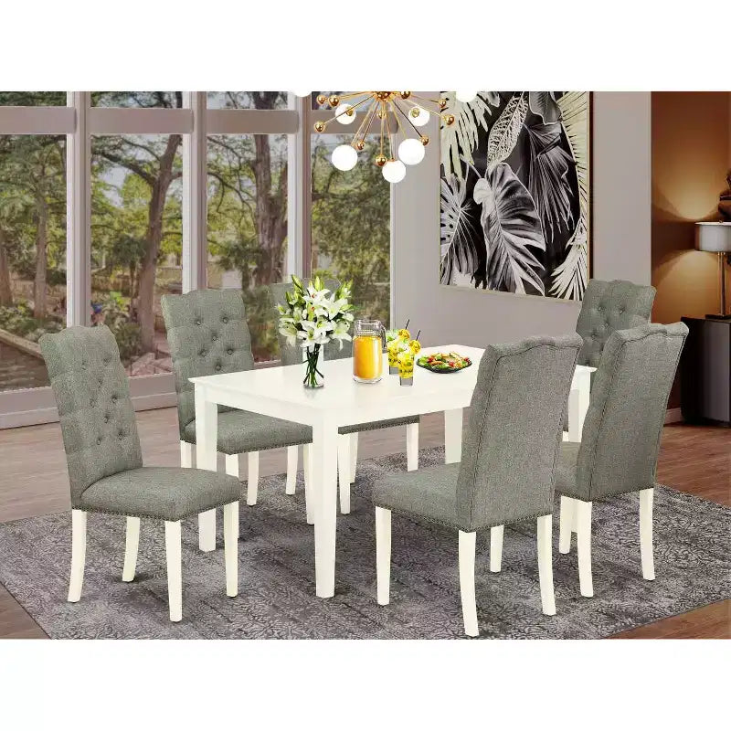 Ensemble de salle à manger rectangulaire - Ensemble table et 6 chaises - Fini blanc lin