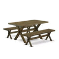 HomeStock 3-Piece Rectangle Distressed Jacobean Finish Solid Wood Top Dining Table with 2-Benches