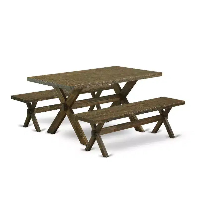 HomeStock 3-Piece Rectangle Distressed Jacobean Finish Solid Wood Top Dining Table with 2-Benches