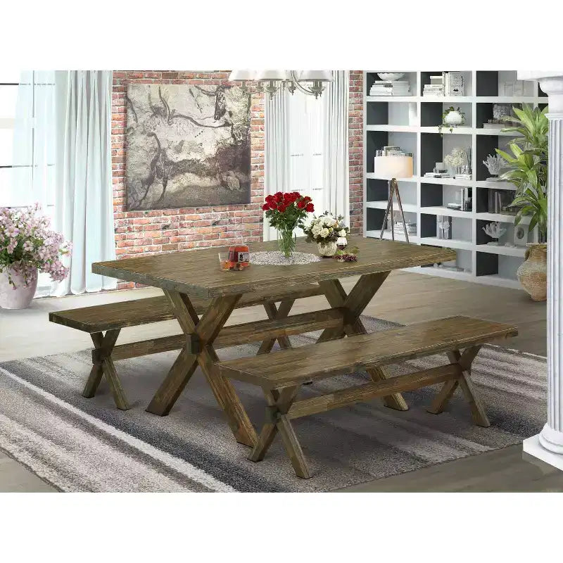 Table à manger 3 pièces HomeStock avec plateau en bois massif finition jacobéenne vieillie et 2 bancs