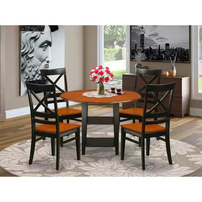 Ensemble de salle à manger 5 pièces - Table ronde et 4 chaises - Fini cerisier noir rustique - Ensemble pour cuisine et salle à manger