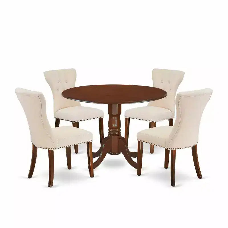 HomeStock 5-Piece Round Mahogany Finish Solid Wood Top Dining Table with 4 Parson Chair