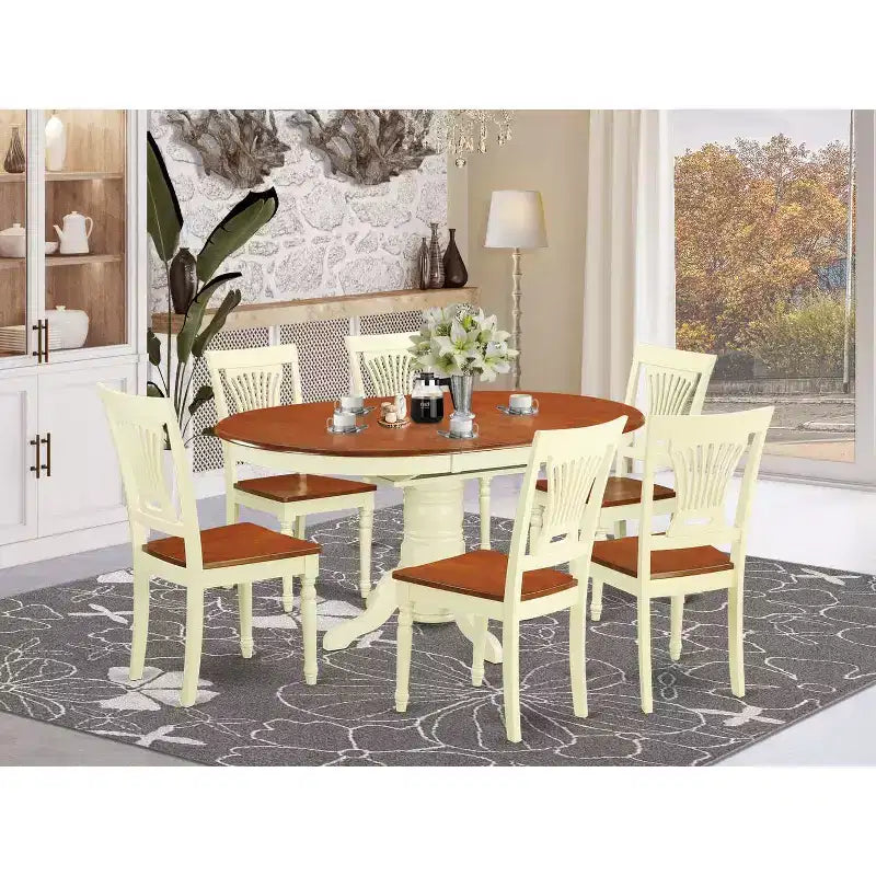 Table à manger HomeStock 7 pièces avec plateau en bois massif finition cerisier et crème, et 6 chaises