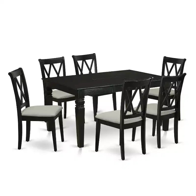 HomeStock 7-Piece Rectangle Black Finish Solid Wood Top Dining Table with 6-Chairs with Butterfly Leaf Cross Back