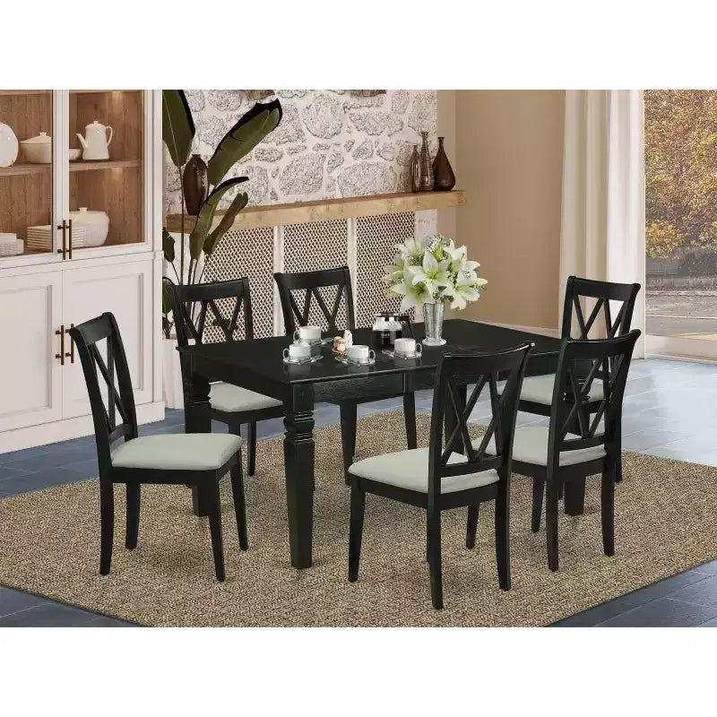 HomeStock Ensemble de salle à manger 7 pièces avec table rectangulaire en bois massif noir et 6 chaises à dossier croisé avec rallonge papillon
