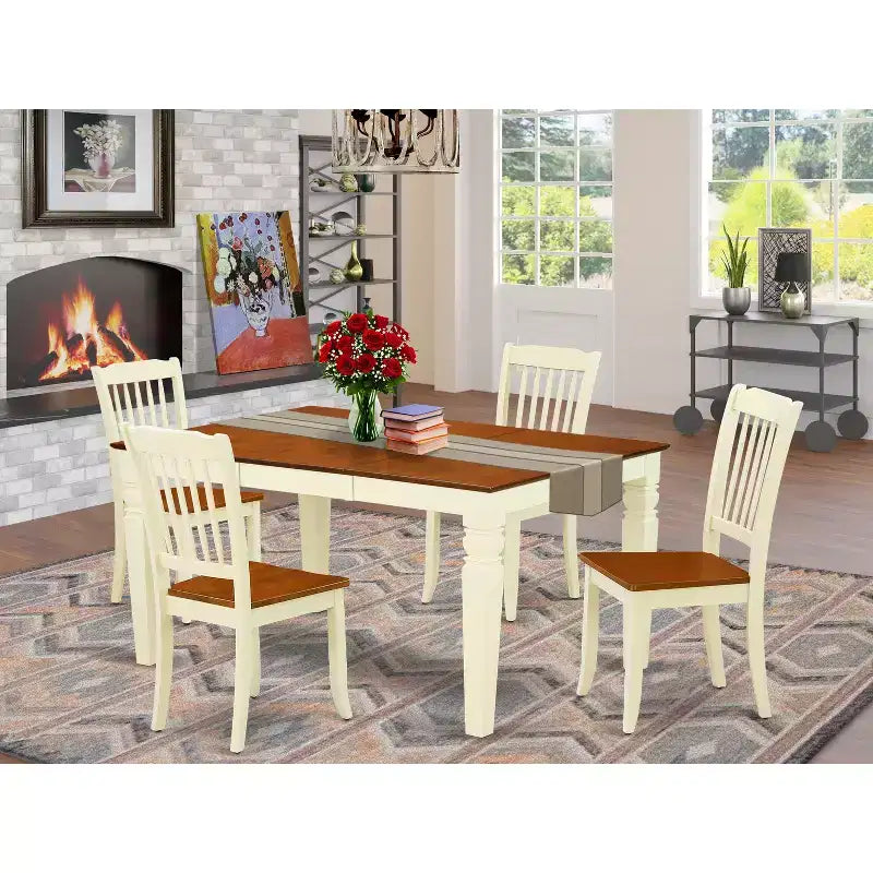 HomeStock Ensemble de salle à manger 5 pièces en bois massif finition cerisier et crème, composé d'une table rectangulaire et de 4 chaises à dossier ajouré