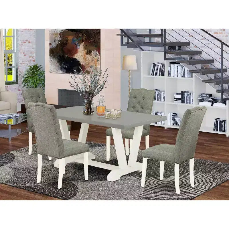Table à manger 5 pièces rectangulaire avec plateau en bois massif finition chêne naturel et 4 chaises Parsons avec