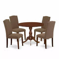 5-Piece Mahogany Finish Solid Wood Top Dining Table with 4 Upholstered Chairs with Drop Leaf