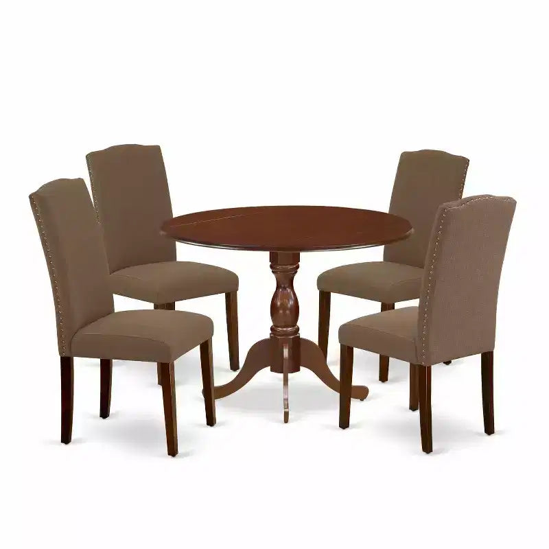 5-Piece Mahogany Finish Solid Wood Top Dining Table with 4 Upholstered Chairs with Drop Leaf