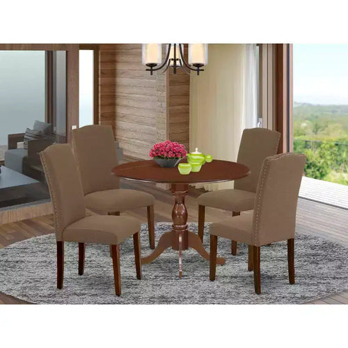 Table de salle à manger 5 pièces en bois massif finition acajou avec 4 chaises rembourrées et plateau à rabats