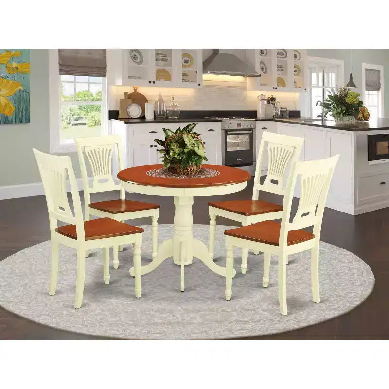 Table à manger 5 pièces ronde en bois massif avec plateau fini en babeurre et cerisier, avec 4 chaises