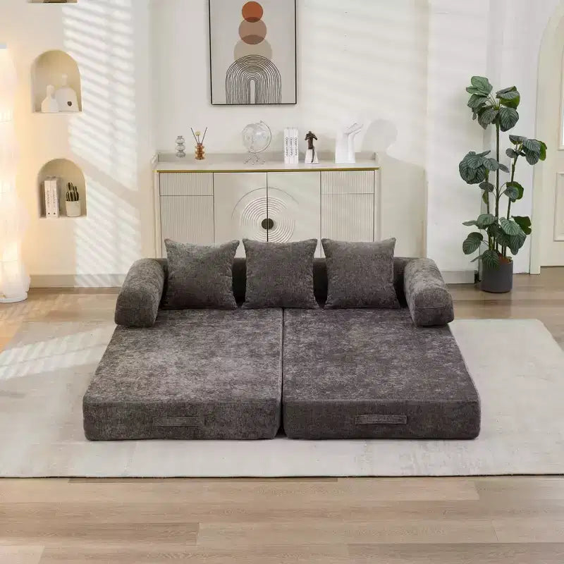 Canapé-lit de sol Okak Chenille avec matelas pliable convertible, canapé-futon 2 places pour salon, chambre à coucher