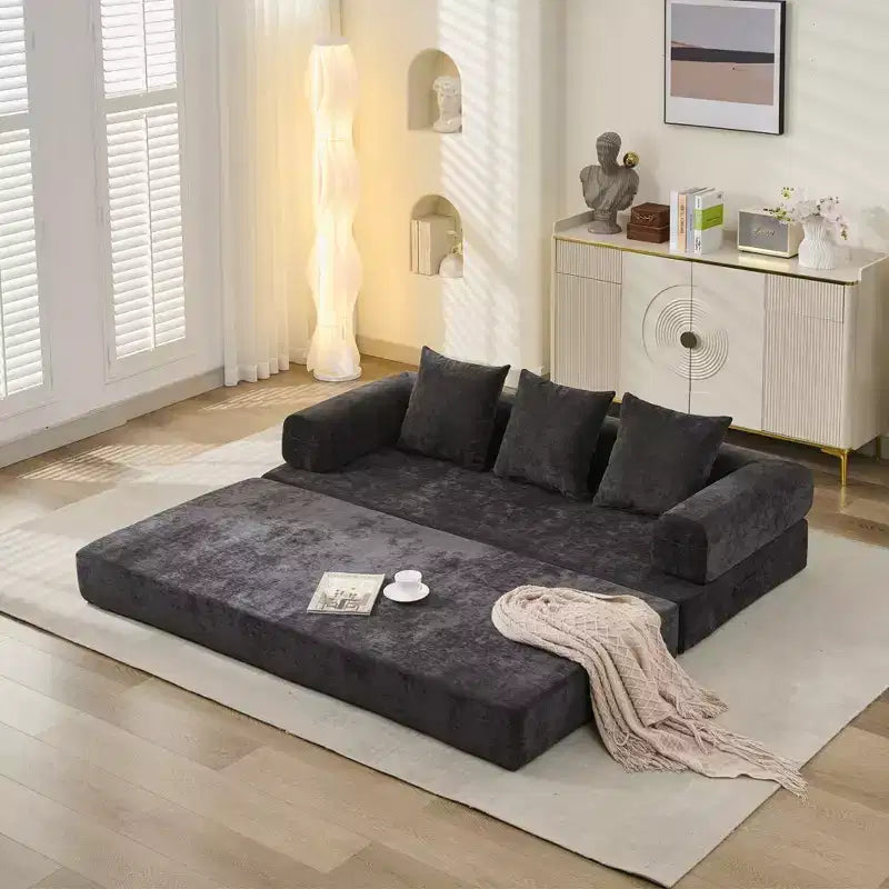 Canapé-lit de sol Okak Chenille avec matelas pliable convertible, canapé-futon 2 places pour salon, chambre à coucher