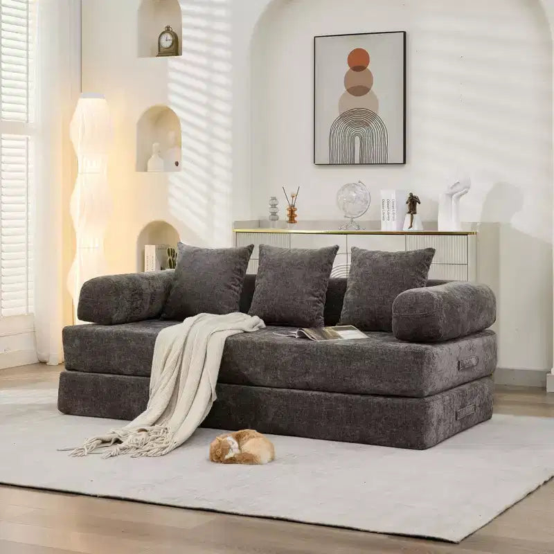 Canapé-lit de sol Okak Chenille avec matelas pliable convertible, canapé-futon 2 places pour salon, chambre à coucher