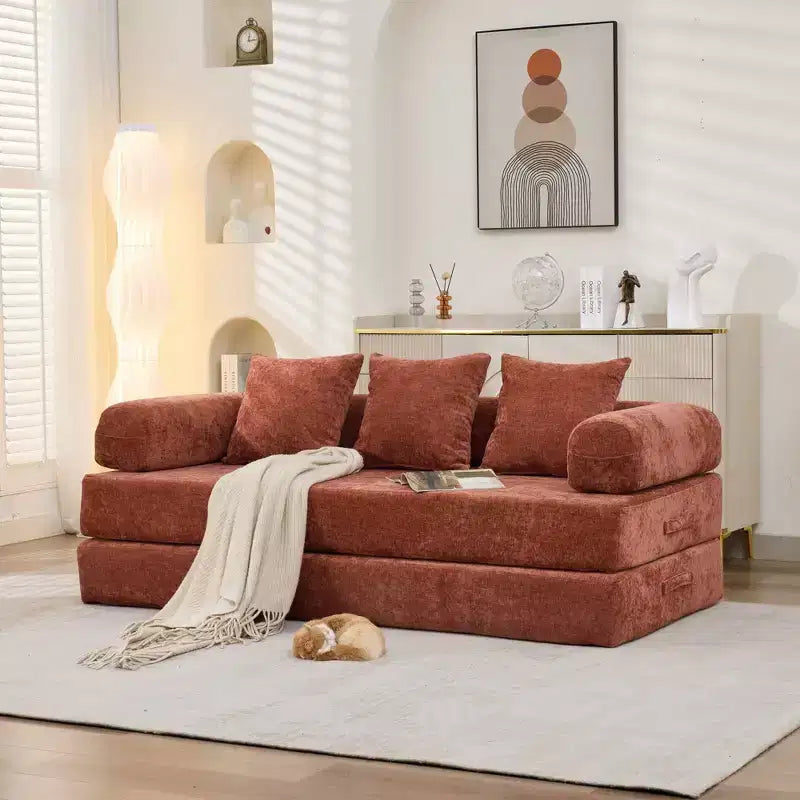 Canapé-lit de sol Okak Chenille avec matelas pliable convertible, canapé-futon 2 places pour salon, chambre à coucher