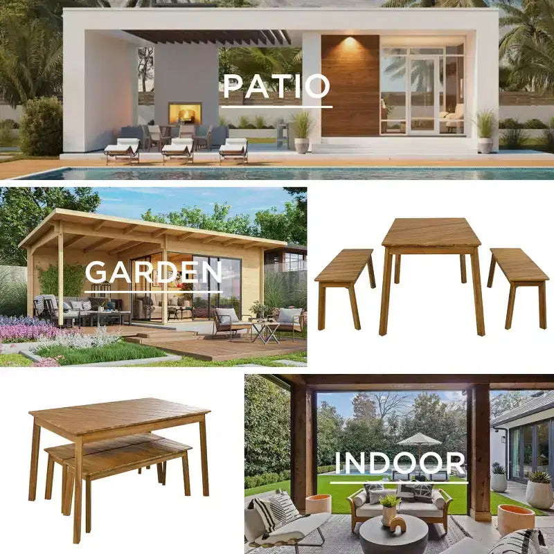 JVNOXK Ensemble de 3 pièces table et banc en bois d'acacia pour salle à manger avec 2 bancs, table de pique-nique pour patio, jardin, naturel