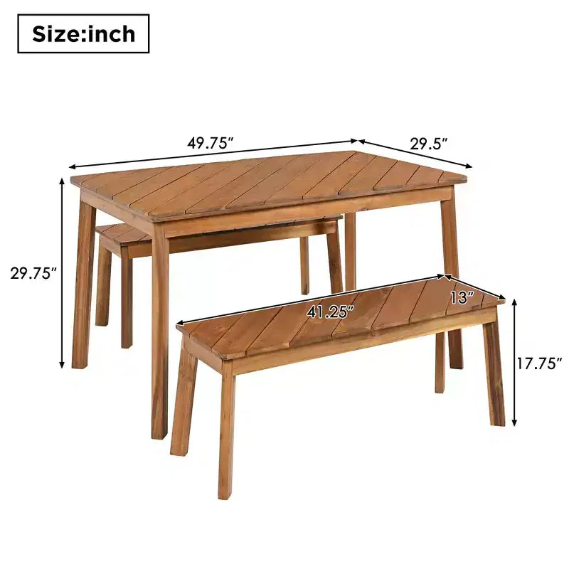 JVNOXK Ensemble de 3 pièces table et banc en bois d'acacia pour salle à manger avec 2 bancs, table de pique-nique pour patio, jardin, naturel