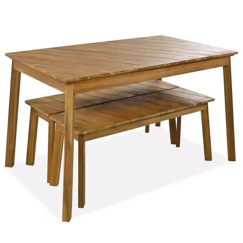 JVNOXK Ensemble de 3 pièces table et banc en bois d'acacia pour salle à manger avec 2 bancs, table de pique-nique pour patio, jardin, naturel