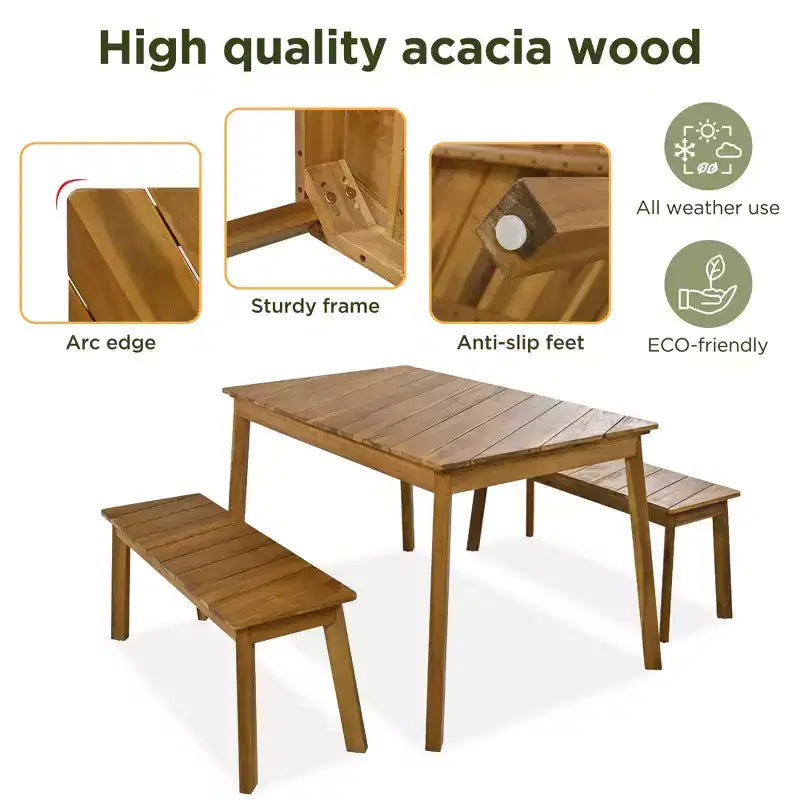 JVNOXK Ensemble de 3 pièces table et banc en bois d'acacia pour salle à manger avec 2 bancs, table de pique-nique pour patio, jardin, naturel