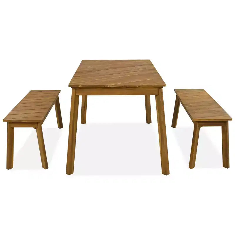 JVNOXK Ensemble de 3 pièces table et banc en bois d'acacia pour salle à manger avec 2 bancs, table de pique-nique pour patio, jardin, naturel