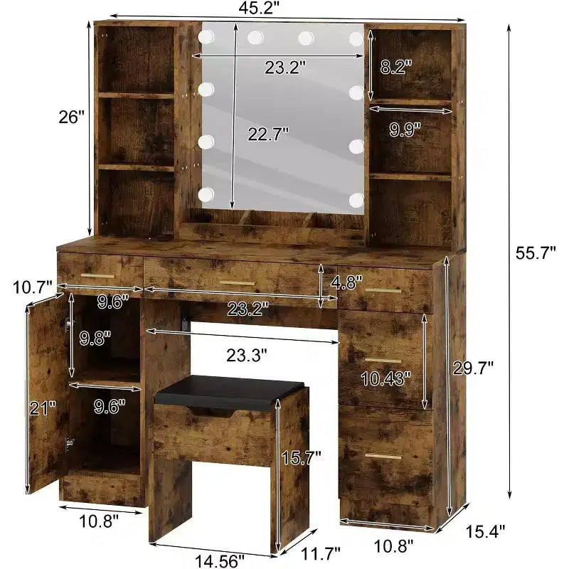 Garvee Coiffeuse Maquillage 142 cm avec Miroir, Table de Maquillage Moderne avec Tiroirs et Étagères Réglables, Ensemble de Table de Maquillage avec Tabouret Rembourré pour Chambre à Coucher