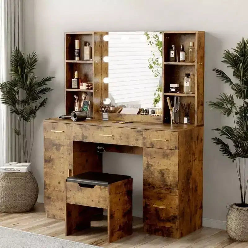 Garvee Coiffeuse Maquillage 142 cm avec Miroir, Table de Maquillage Moderne avec Tiroirs et Étagères Réglables, Ensemble de Table de Maquillage avec Tabouret Rembourré pour Chambre à Coucher