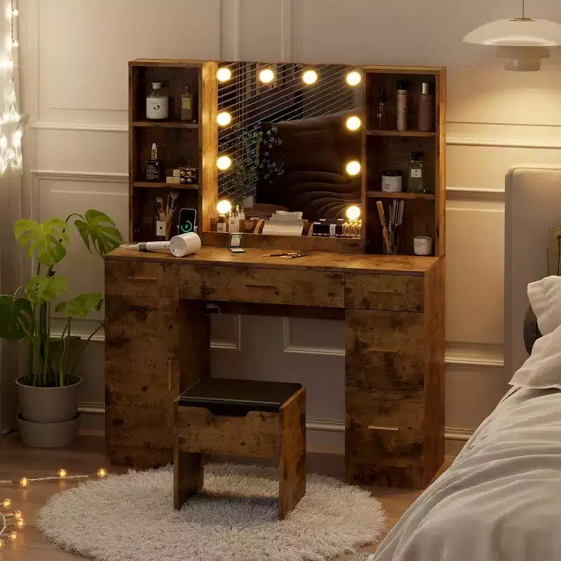 Garvee Coiffeuse Maquillage 142 cm avec Miroir, Table de Maquillage Moderne avec Tiroirs et Étagères Réglables, Ensemble de Table de Maquillage avec Tabouret Rembourré pour Chambre à Coucher