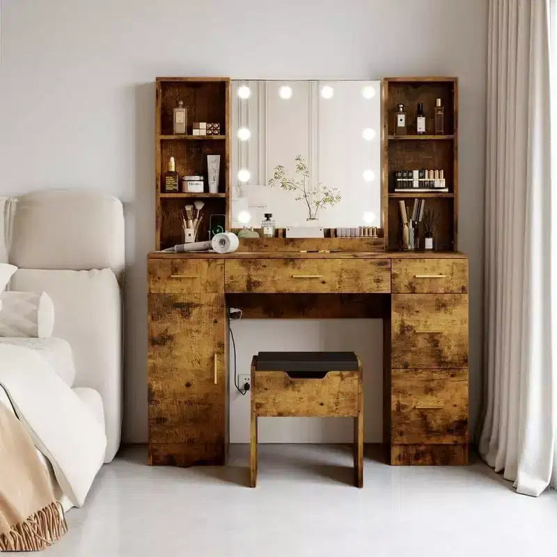 Garvee Coiffeuse Maquillage 142 cm avec Miroir, Table de Maquillage Moderne avec Tiroirs et Étagères Réglables, Ensemble de Table de Maquillage avec Tabouret Rembourré pour Chambre à Coucher