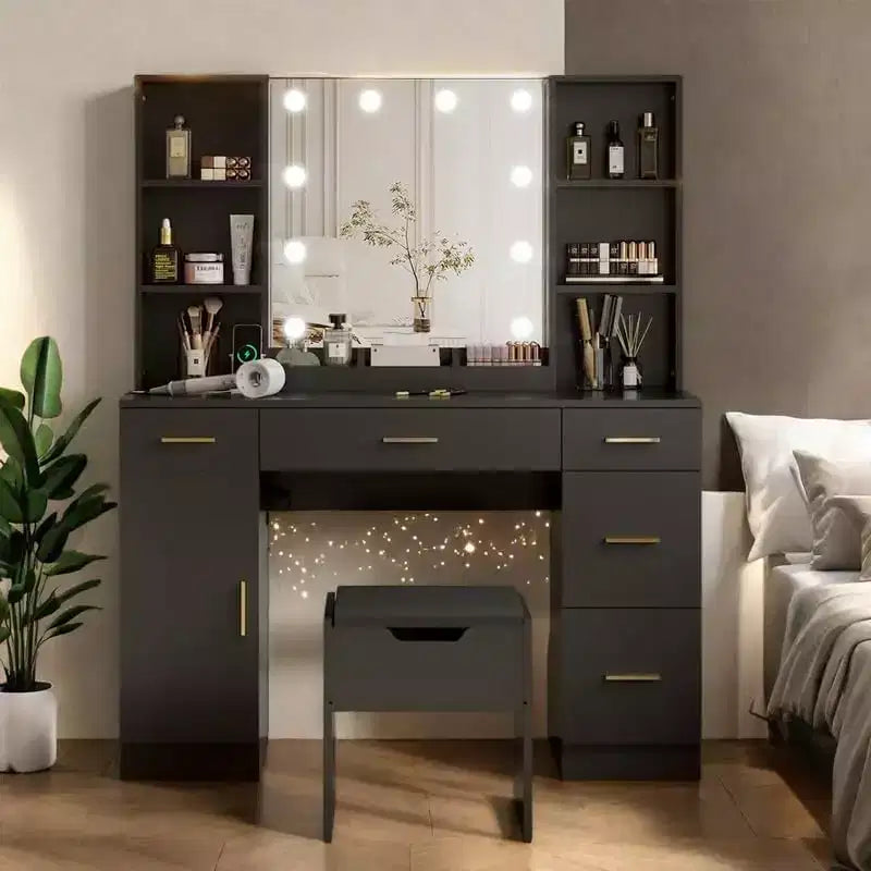 Garvee Coiffeuse Maquillage 142 cm avec Miroir, Table de Maquillage Moderne avec Tiroirs et Étagères Réglables, Ensemble de Table de Maquillage avec Tabouret Rembourré pour Chambre à Coucher