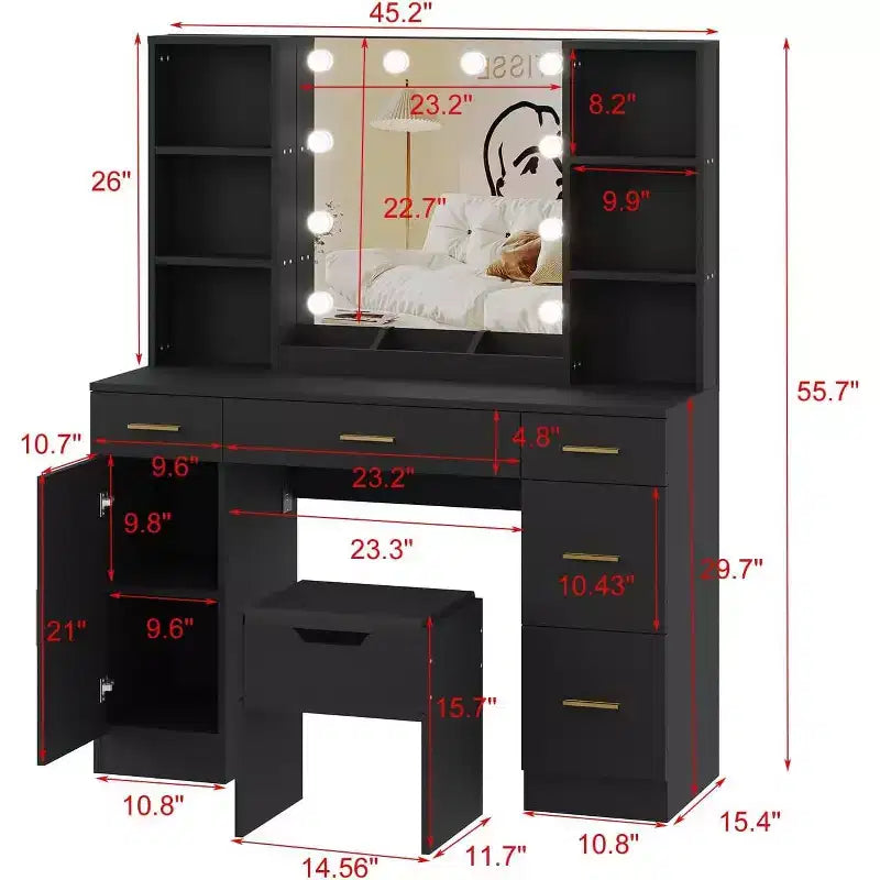 Garvee Coiffeuse Maquillage 142 cm avec Miroir, Table de Maquillage Moderne avec Tiroirs et Étagères Réglables, Ensemble de Table de Maquillage avec Tabouret Rembourré pour Chambre à Coucher