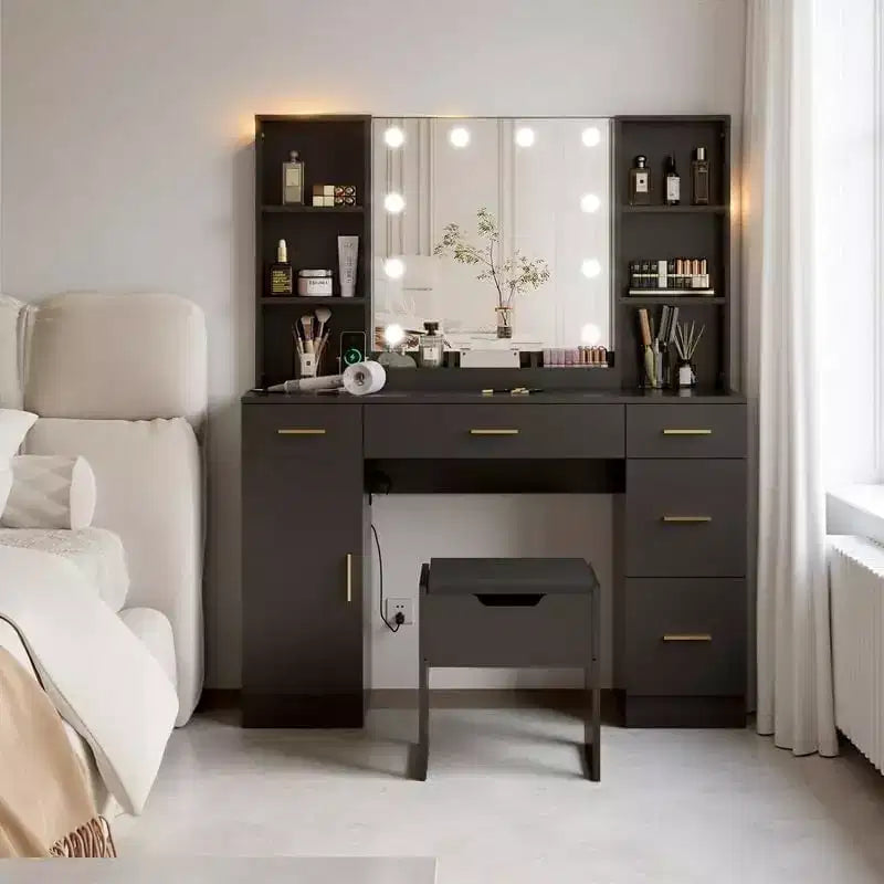 Garvee Coiffeuse Maquillage 142 cm avec Miroir, Table de Maquillage Moderne avec Tiroirs et Étagères Réglables, Ensemble de Table de Maquillage avec Tabouret Rembourré pour Chambre à Coucher