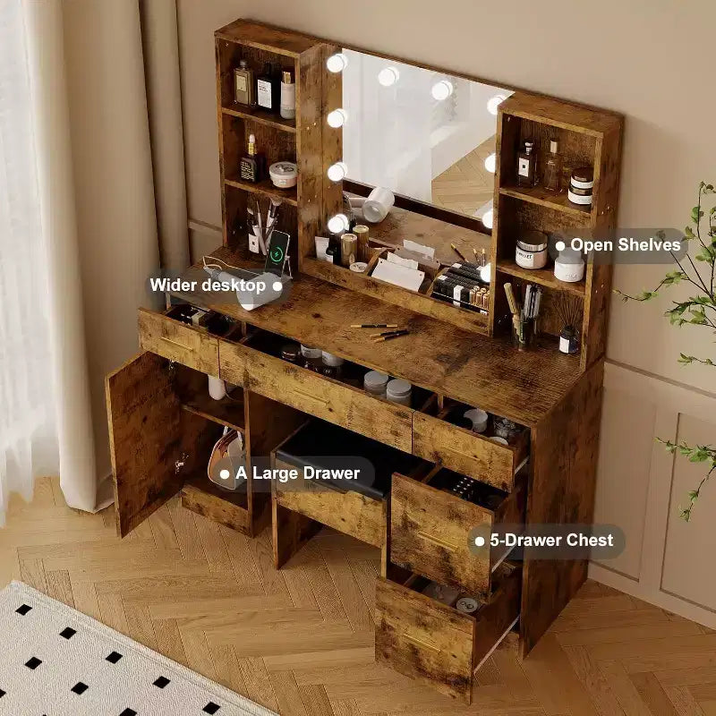 Garvee Coiffeuse Maquillage 142 cm avec Miroir, Table de Maquillage Moderne avec Tiroirs et Étagères Réglables, Ensemble de Table de Maquillage avec Tabouret Rembourré pour Chambre à Coucher