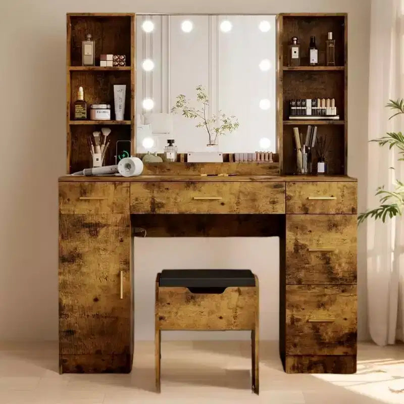 Garvee Coiffeuse Maquillage 142 cm avec Miroir, Table de Maquillage Moderne avec Tiroirs et Étagères Réglables, Ensemble de Table de Maquillage avec Tabouret Rembourré pour Chambre à Coucher