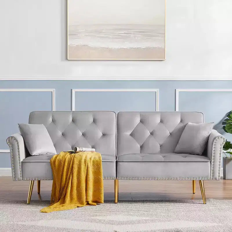 69.6 Convertible Futon Sofa Bed With 2 Pillow, Upholstered Loveseat Sleeper Sofa with Adjustable Backrest, 2 Seat Couch for Office Guest Room Bedroom