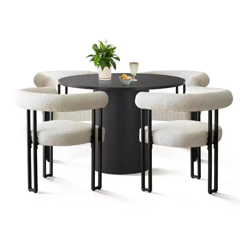 Ensemble de salle à manger moderne 5 pièces, table ronde noire à piédestal avec 4 chaises de salle à manger rembourrées en bouclé pour cuisine ou appartement - Panipeachy