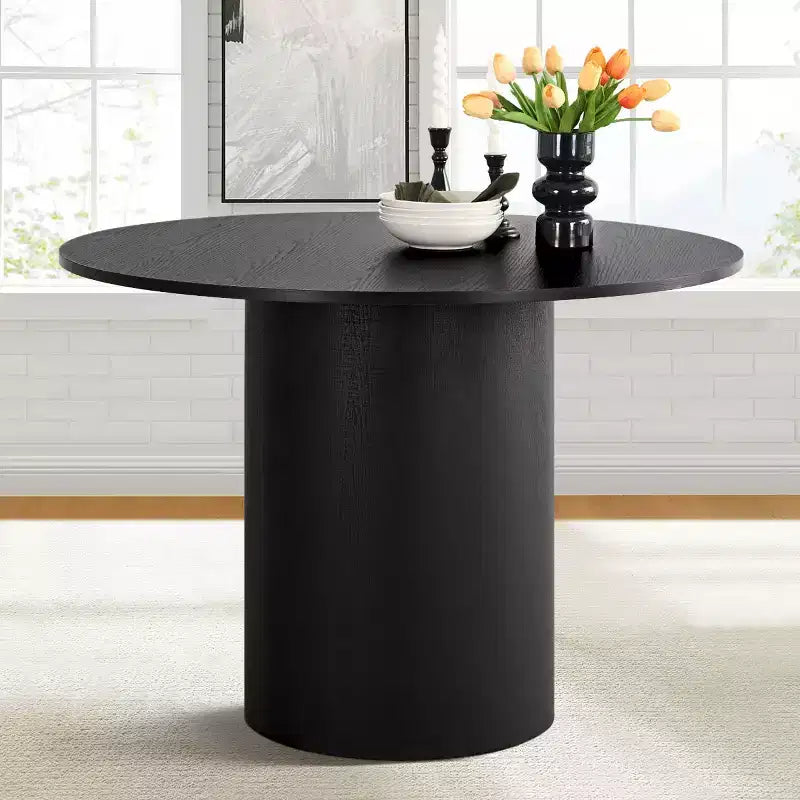 Ensemble de salle à manger moderne 5 pièces, table ronde noire à piédestal avec 4 chaises de salle à manger rembourrées en bouclé pour cuisine ou appartement - Panipeachy