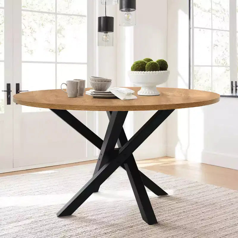 Ensemble de table à manger ronde 5 pièces, table moderne avec piètement noir, chaises à dossier en rotin et assises rembourrées en bouclé pour petits espaces - Panipeachy
