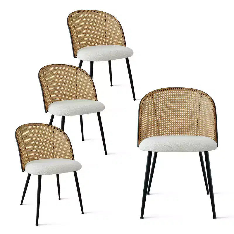Ensemble de table à manger ronde 5 pièces, table moderne avec piètement noir, chaises à dossier en rotin et assises rembourrées en bouclé pour petits espaces - Panipeachy