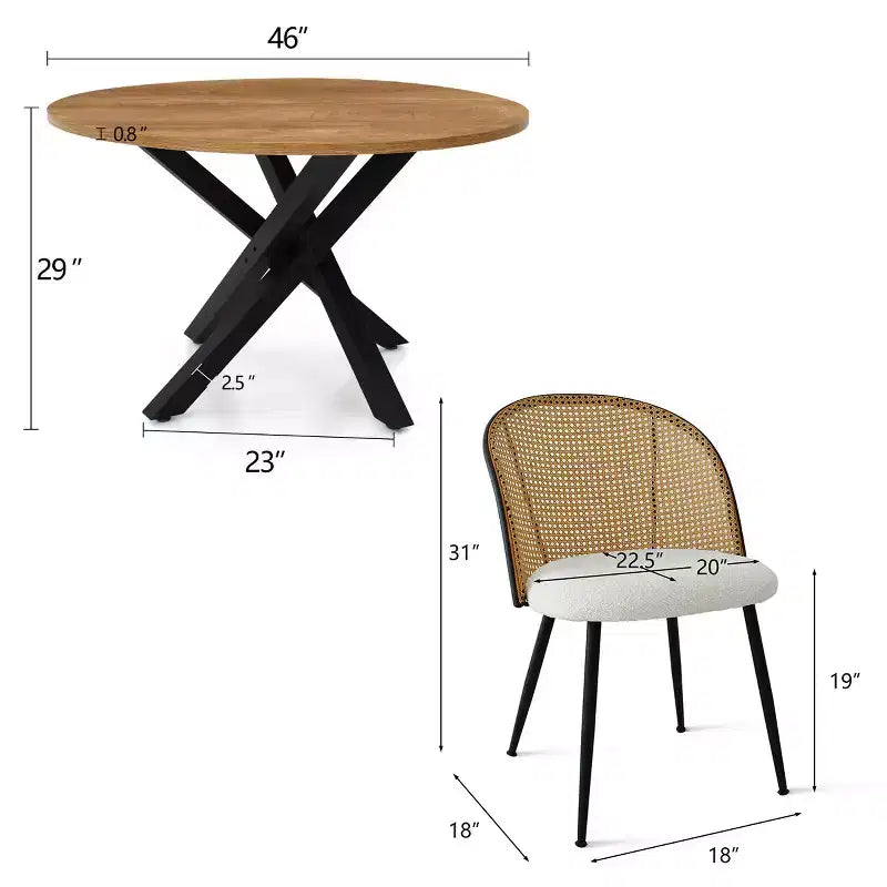 Ensemble de table à manger ronde 5 pièces, table moderne avec piètement noir, chaises à dossier en rotin et assises rembourrées en bouclé pour petits espaces - Panipeachy