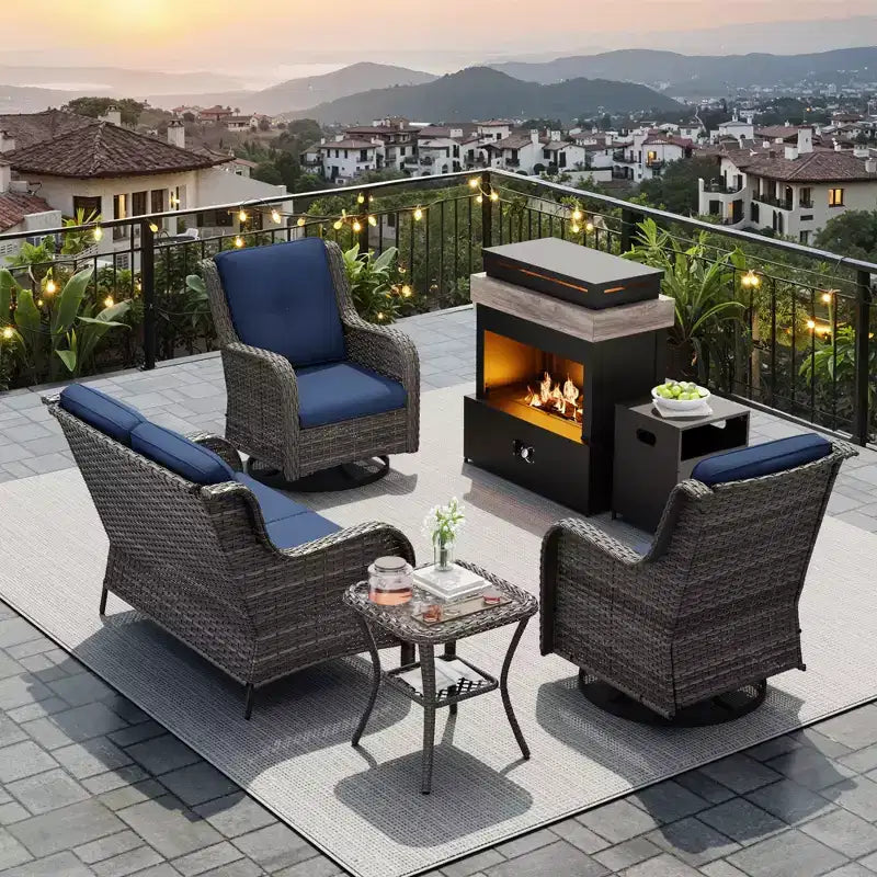 Ensemble d'extérieur UPTIOT 4 pièces : Chauffe-terrasse/Étagère, Fauteuil capitonné et Fauteuil à bascule pivotant