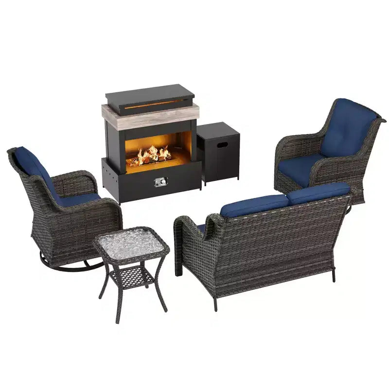 Ensemble d'extérieur UPTIOT 4 pièces : Chauffe-terrasse/Étagère, Fauteuil capitonné et Fauteuil à bascule pivotant