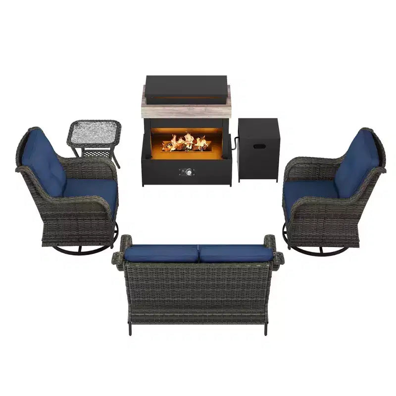 Ensemble d'extérieur UPTIOT 4 pièces : Chauffe-terrasse/Étagère, Fauteuil capitonné et Fauteuil à bascule pivotant