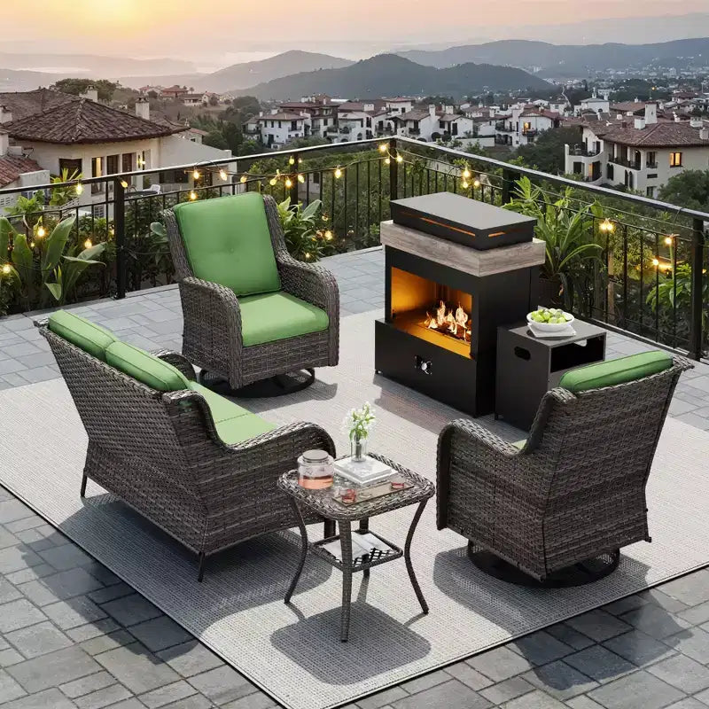 Ensemble d'extérieur UPTIOT 4 pièces : Chauffe-terrasse/Étagère, Fauteuil capitonné et Fauteuil à bascule pivotant