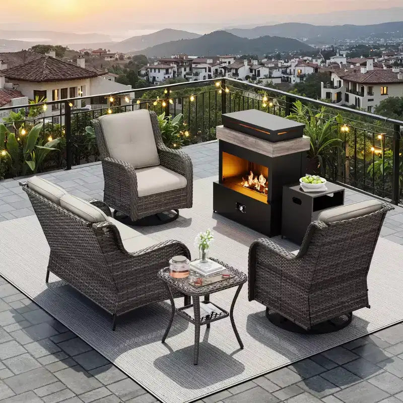 Ensemble d'extérieur UPTIOT 4 pièces : Chauffe-terrasse/Étagère, Fauteuil capitonné et Fauteuil à bascule pivotant