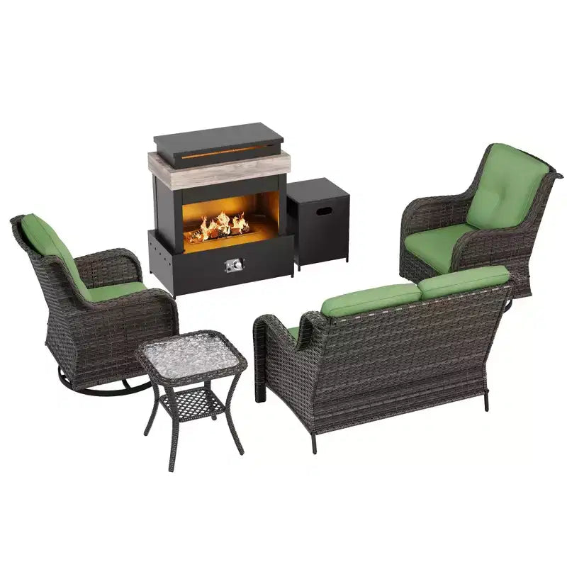 Ensemble d'extérieur UPTIOT 4 pièces : Chauffe-terrasse/Étagère, Fauteuil capitonné et Fauteuil à bascule pivotant