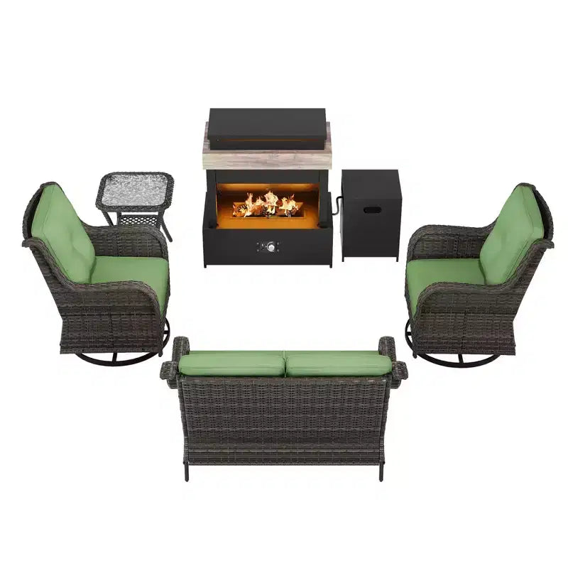 Ensemble d'extérieur UPTIOT 4 pièces : Chauffe-terrasse/Étagère, Fauteuil capitonné et Fauteuil à bascule pivotant