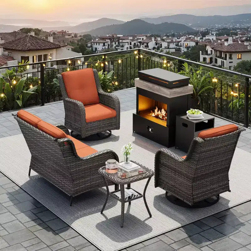 Ensemble d'extérieur UPTIOT 4 pièces : Chauffe-terrasse/Étagère, Fauteuil capitonné et Fauteuil à bascule pivotant