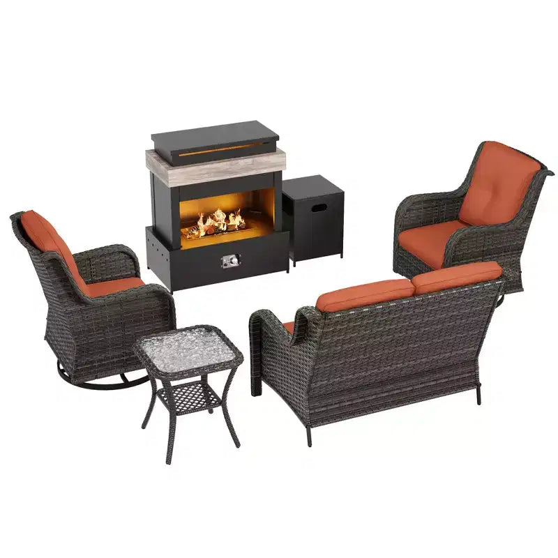 Ensemble d'extérieur UPTIOT 4 pièces : Chauffe-terrasse/Étagère, Fauteuil capitonné et Fauteuil à bascule pivotant
